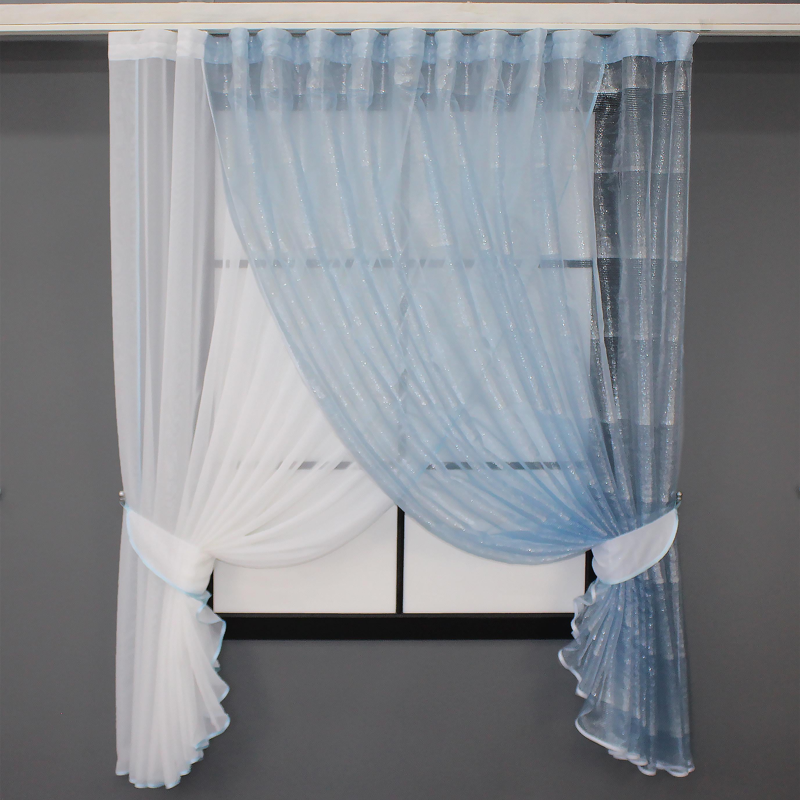 Шторы кухонные VR-Textil № 101к с подвязками 330х170 см Молочный/Голубой (52-0308)