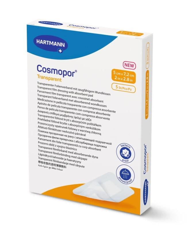 Пов’язка плівкова з абсорбуючою подушечкою Cosmopor Transparent 5х7,2 см Прозорий