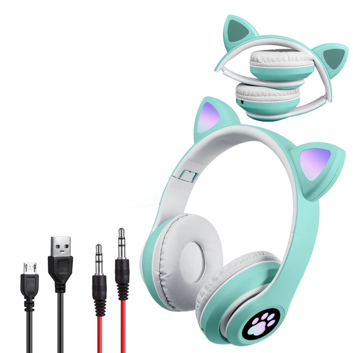 Навушники бездротові Cute Headset Котячі вушка з підсвічуванням RGB та MP3 Bluetooth/MicroSD/FM Зелений - фото 2