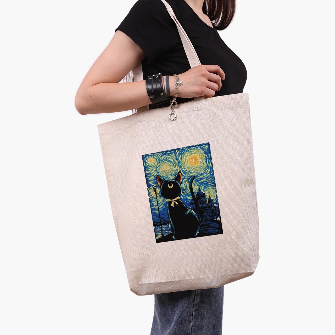 Эко сумка шоппер anime Sailor Moon Cats and van Gogh 41x39x8 см Бежевый (9227-2923-WTD)