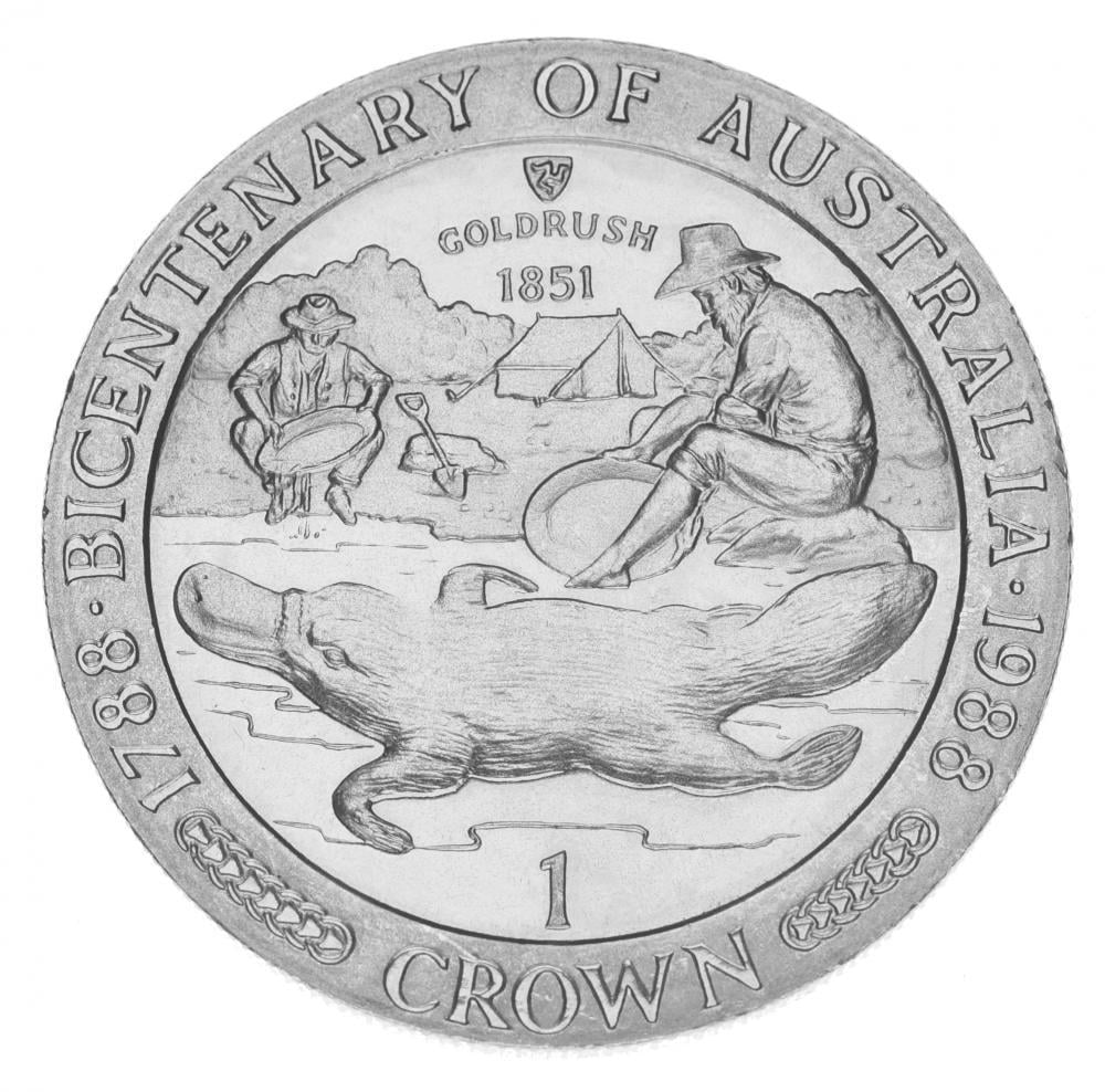 Коллекционная монета Остров Мэн 1 крона 1988 года 200 лет Австралии Качконис UNC (KM#224)