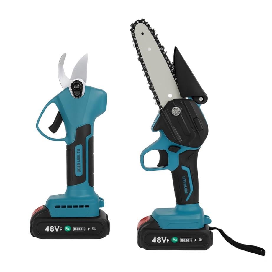 Набор аккумуляторная мини цепная пила/секатор для обрезки деревьев Lithium 48V 2xАКБ в кейсе Blue (3_06303)