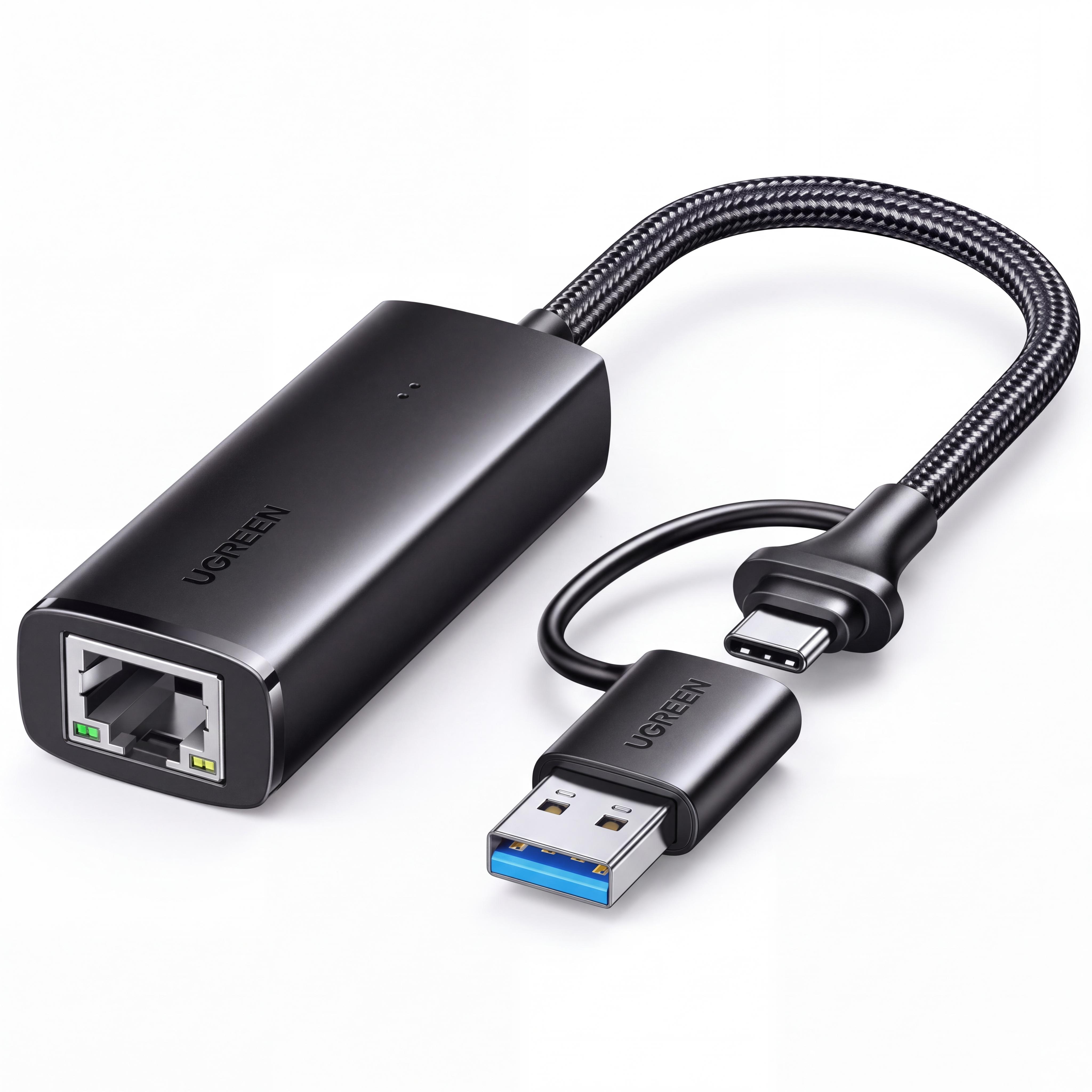 Сетевой адаптер USB-C/USB-A UGREEN CM650 внешняя сетевая карта на RJ45 до 1000 Мбит/с через USB 3.0 для Windows/macOS/Linux Черный (15638)