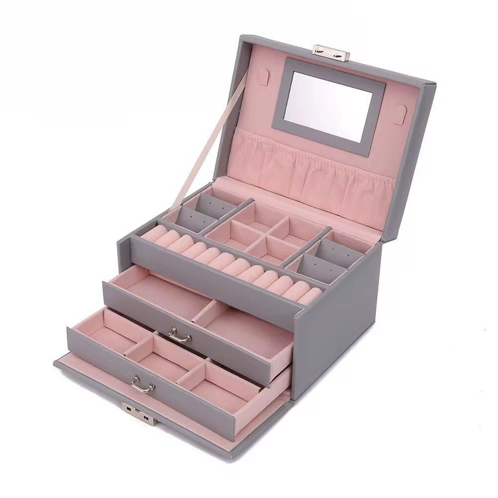 Шкатулка для украшений трехъярусная с зеркалом на замке 19,2х15х13,7 см Серый (ST0414)