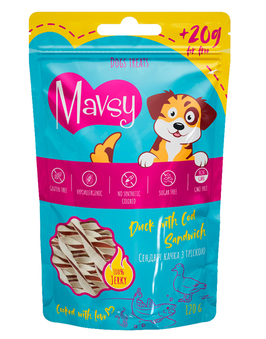 Ласощі для собак Mavsy Duck and Cod Sandwich for dogs Сендвіч качка з тріскою 120 г (13501977)