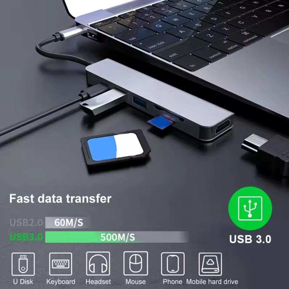 USB-хаб для ноутбука 6в1 4K HDMI 2 USB 3.0/SD/TF Card Reader/PD Female (Hub-6/1) - фото 4