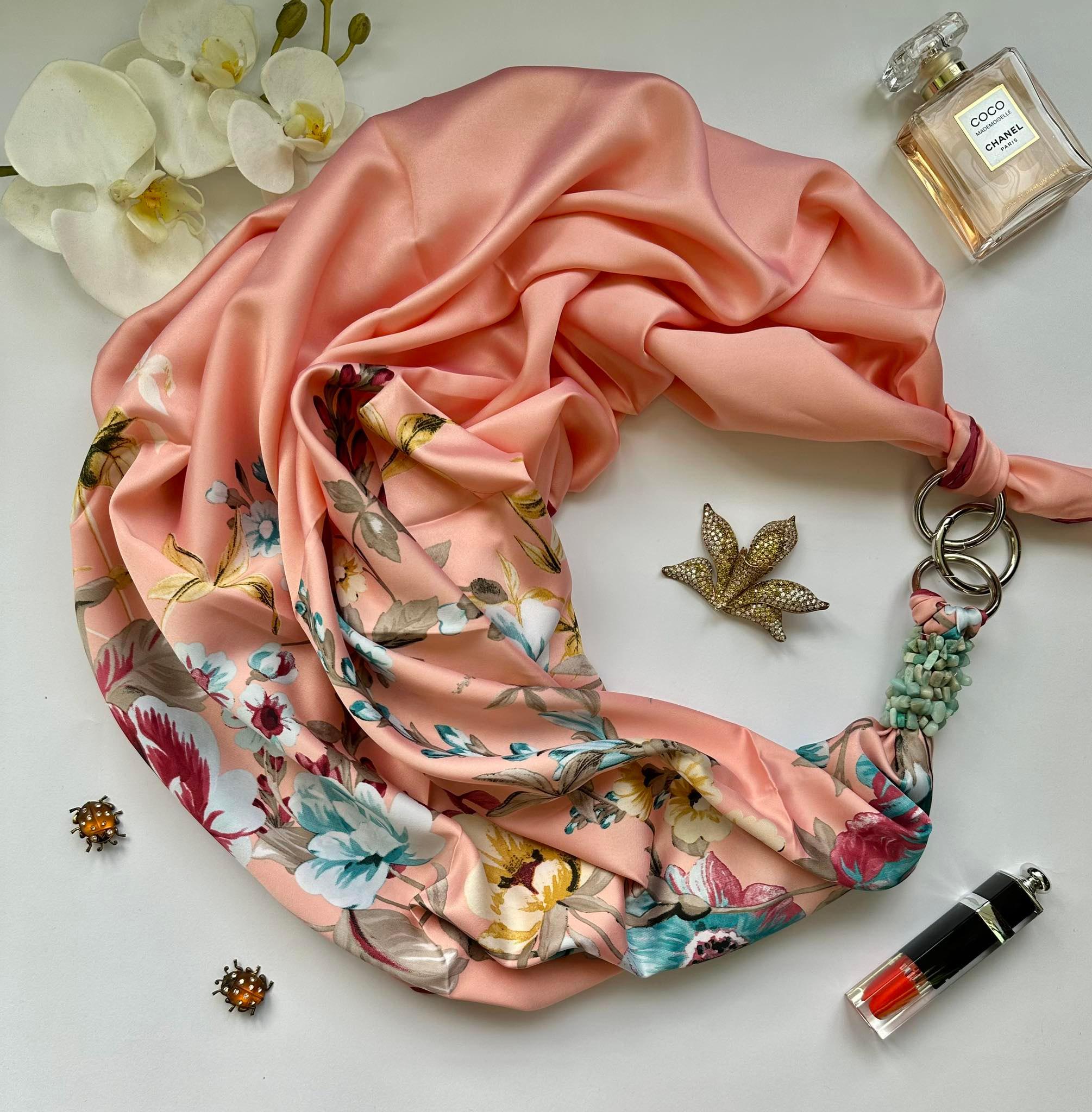 Платок дизайнерский My Scarf Персиковый сад с натуральным камнем амазонит (х-064)