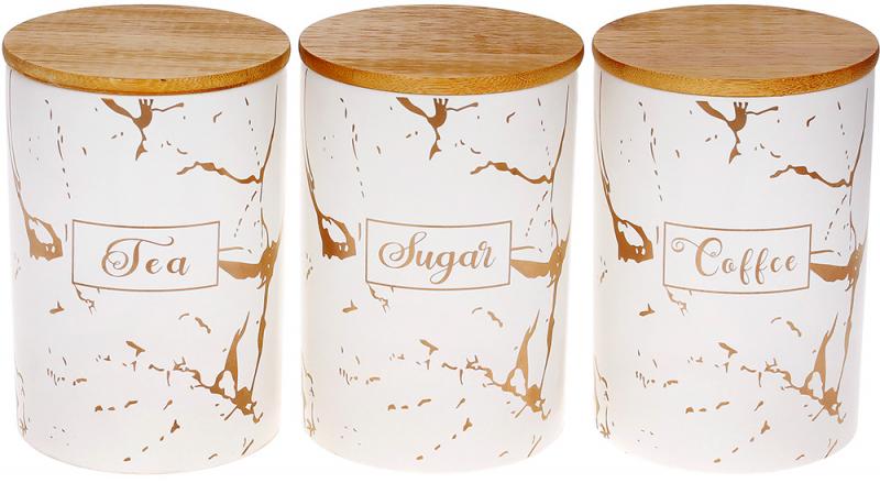 Набор керамических банок Золотой Волан 650 мл с бамбуковыми крышками 3 шт. Белый мрамор с золотом (BD-304-945)