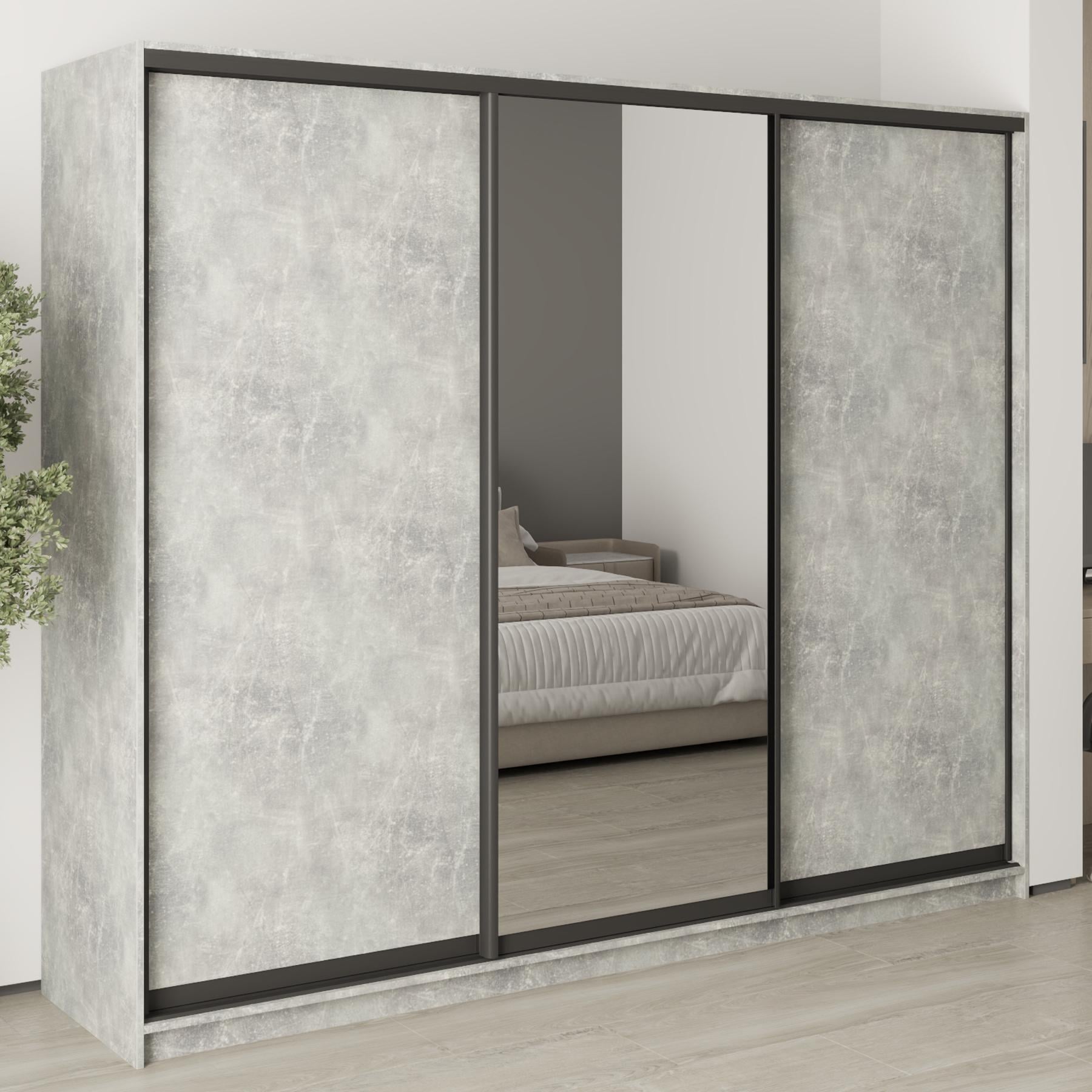 Шкаф-купе трехдверный MebelStar Уни BG 2 ДСП/зеркало 250x60x210 см Бетон (MBS-8005)
