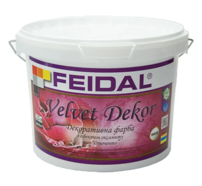 Краска декоративная акриловая Feidal Velvet Dekor шелковисто-глянцевая эффект бархата 2,5 л (1816019434) - фото 1 Краска декоративная акриловая Feidal Velvet Dekor шелковисто-глянцевая эффект бархата 2,5 л (1816019434) - фото 1