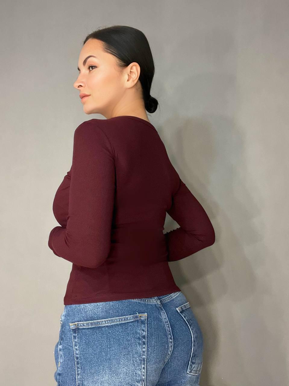 Лонгслів жіночий A-N 25079 рубчик реглан v-виріз корсетні шви OS Бордовий (3454) - фото 4 Лонгслів жіночий A-N 25079 рубчик реглан v-виріз корсетні шви OS Бордовий (3454) - фото 4