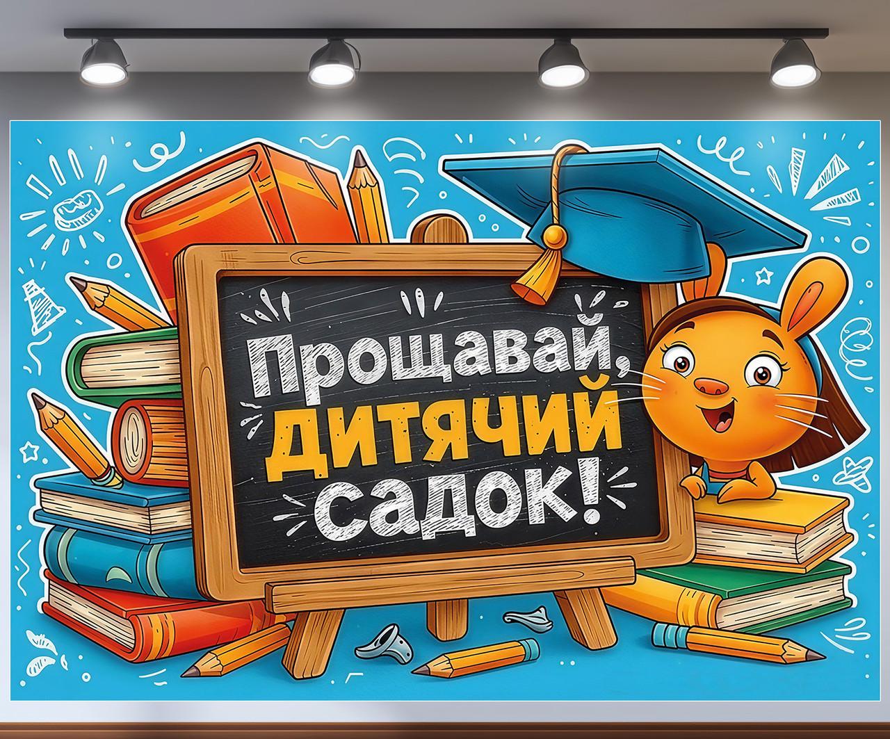 Баннер на выпускной в садике "Прощавай дитячий садок" мультяшный зверек академическая шапка и книги 240x160 см