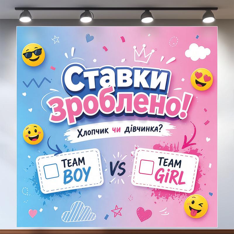 Баннер для Гендер пати Ставки сделаны Team Boy vs Team Girl с эмодзи 200x200см, №48540