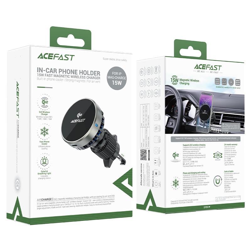 Автодержатель для телефона с БЗП Acefast D40 Qi2 Magnetic Wireless Charging car holder with Ice Cooling for air vent Metal Gray (6974316283751)