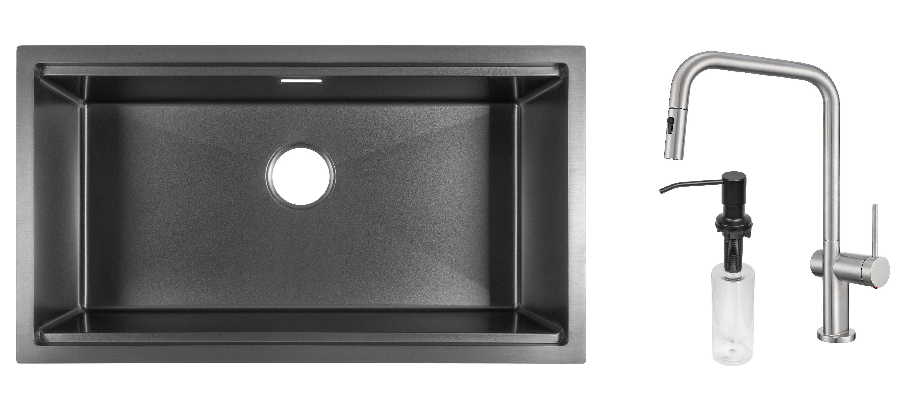 Комплект из кухонной мойки Gunter&Hauer Federbach 8022 Black кухонного смесителя Gunter&Hauer BRUNNEN Br и дозатора Gunter&Hauer Soap Dispenser Black