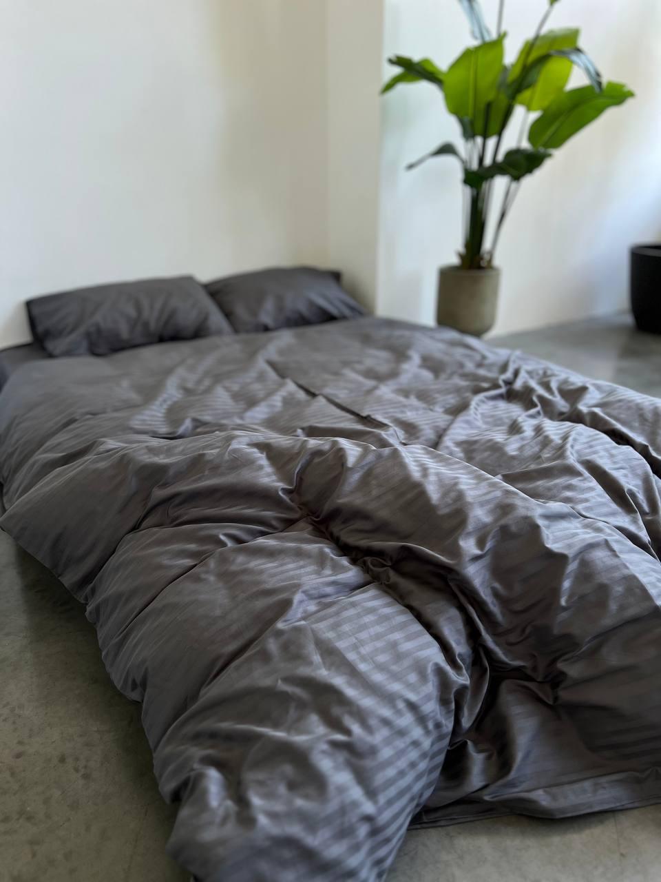 Комплект постільної білизни страйп сатин евро 200х230 см наволочка 2х50х70 см Сірий (П4К-straip-012-02)