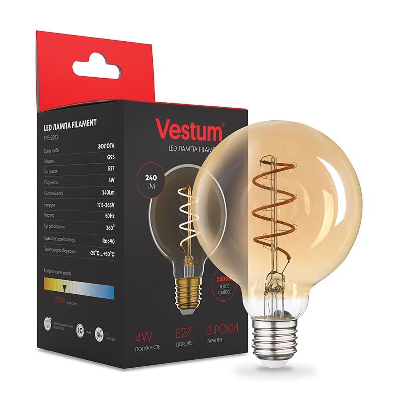 Лампа LED Vestum филамент винтаж golden t Wist G95 Е27 4 Вт 220 V 2500К