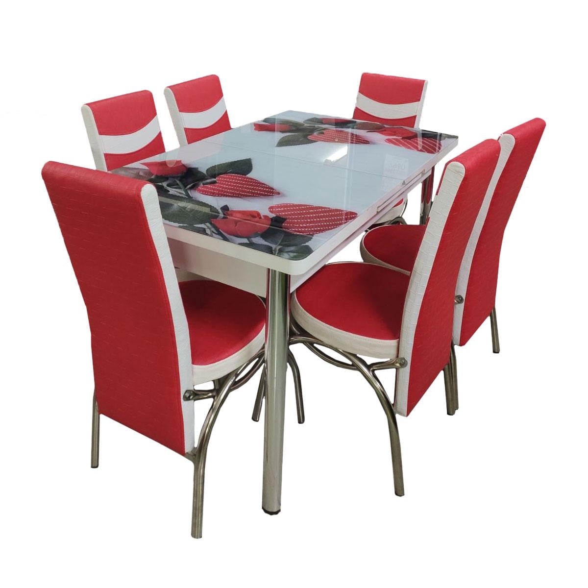 Комплект обідній розкладний Туріно (стіл  6 стільців) скло біло-червоний/МДФ білий, метал хром Woody, 1292 Троянди