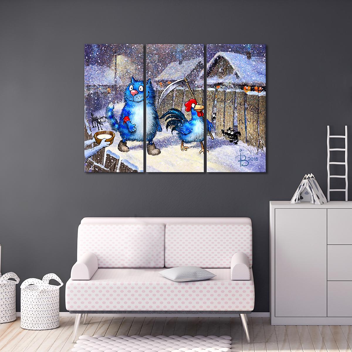 Модульная картина Кот и Петух дежурят в Новогоднюю ночь 3 модуля 90x135 см