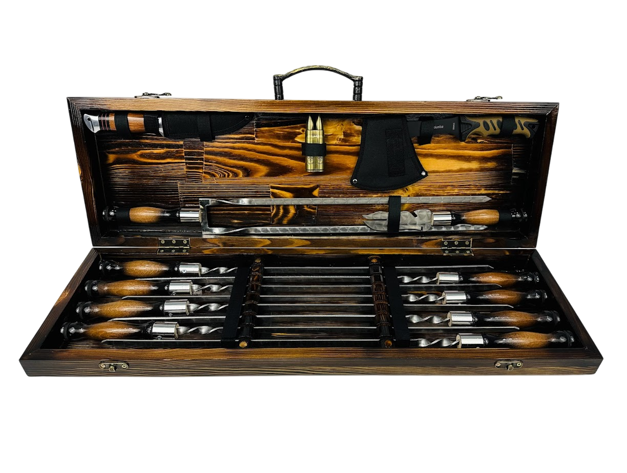 Набор шампуров ручной работы Люкс MAX с аксессуарами 13 предметов в кейсе 75х24х10 см Коричневый (124-10-KS-7803)