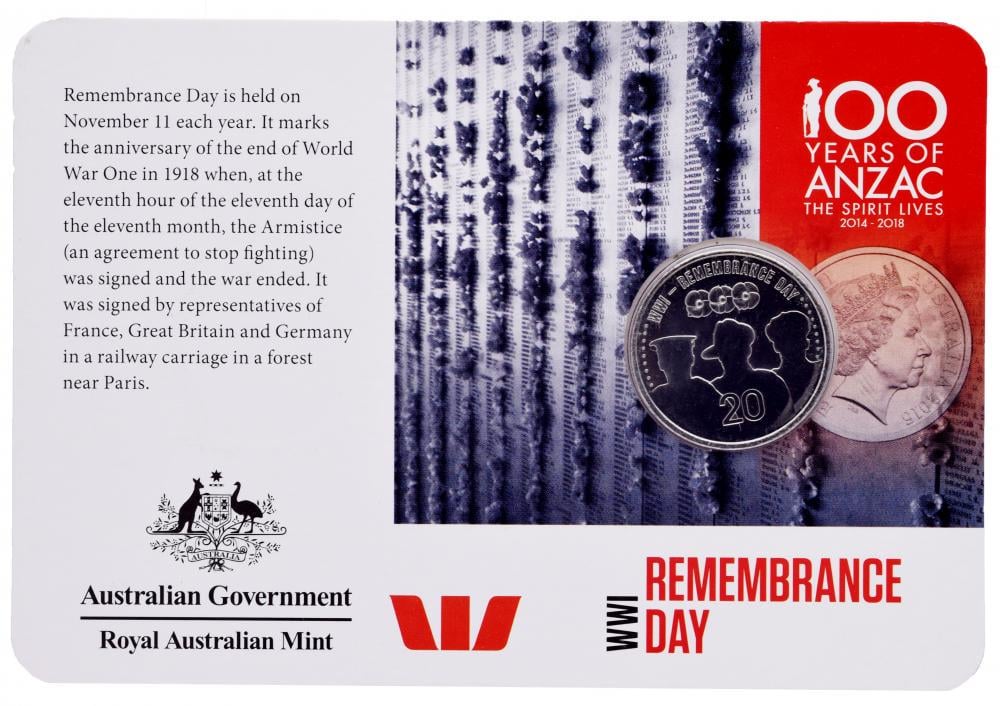 Коллекционная монета Австралия 20 центов 2015 UNC Первая мировая война 2014-2018 - День памяти в блистере (М14316)