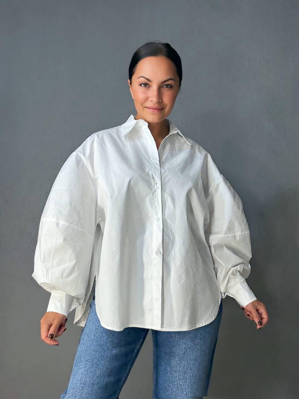 Рубашка женская Lan Lan 7503 оверсайз широкая длинная с пышным рукавом OS Белый (4909) - фото 8 Рубашка женская Lan Lan 7503 оверсайз широкая длинная с пышным рукавом OS Белый (4909) - фото 8