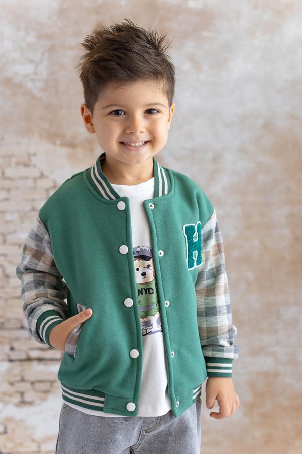 Бомбер-куртка для мальчика с вышивкой и подробной отделкой в ​​клетку Mininio 12-18 месяцев 86 см Зеленый (8683169140002)