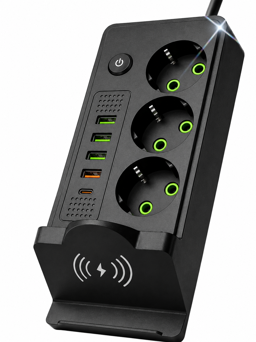 Подовжувач-мережевий фільтр BRS 2 м на 3 розетки 4 USB та Type-C 2500 Вт з заземленням Black (624966293)