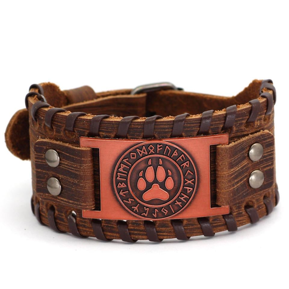 Браслет-талисман мужской VNOX Печать Велеса: волчья лапа кожаный 27,5х4 см Коричневый/Медный (SGF1057BRC)