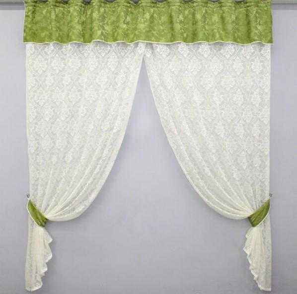 Комплект штор на кухню с ламбрекеном 270х155 см Молочный/Оливковый (00к 59-497)