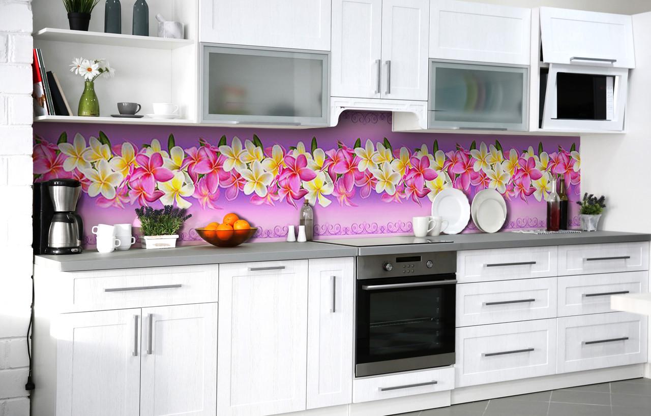 Кухонный фартук Гавайский узор/Цветы виниловый самоклеющийся 600х2500 мм Фиолетовый