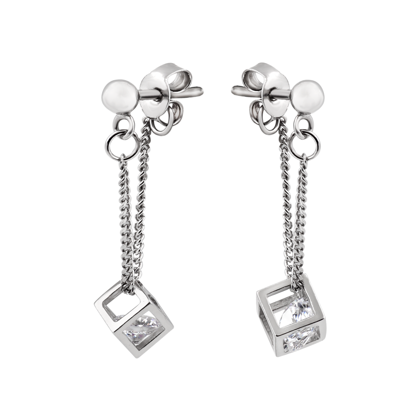 Серьги серебряные пусеты в форме полого Куба с камнем в центре