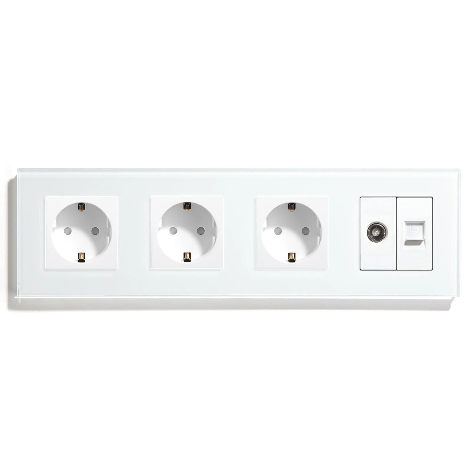 Розетка четырехместная LUXION силовая/интернет RJ-45/ТВ настенная стеклянная рамка Белый (LX-M4FCAT6PTY-WT)