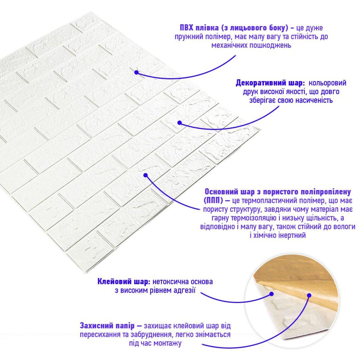3D-панелі самоклеючі SW-00000174 декоративні на стіну панелі цегла 700х770х3 мм Білий - фото 2