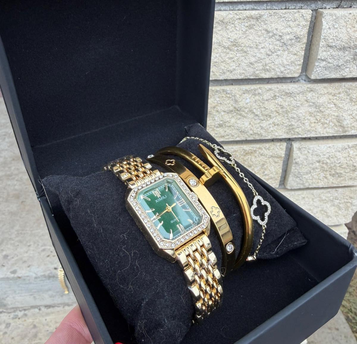Набор украшений GONCHAR & CO Gold Emerald Clover браслеты 3 шт./часы медзолото в коробке (77-718)