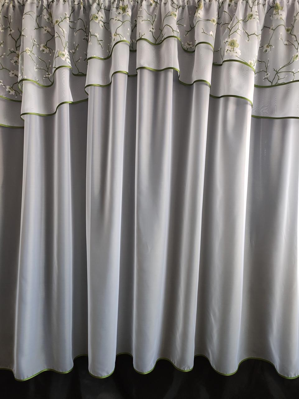 Тюль на окно Сакура шифон с двойным ламбрекеном 290х170 см. Белый с зеленым (сакура-01)