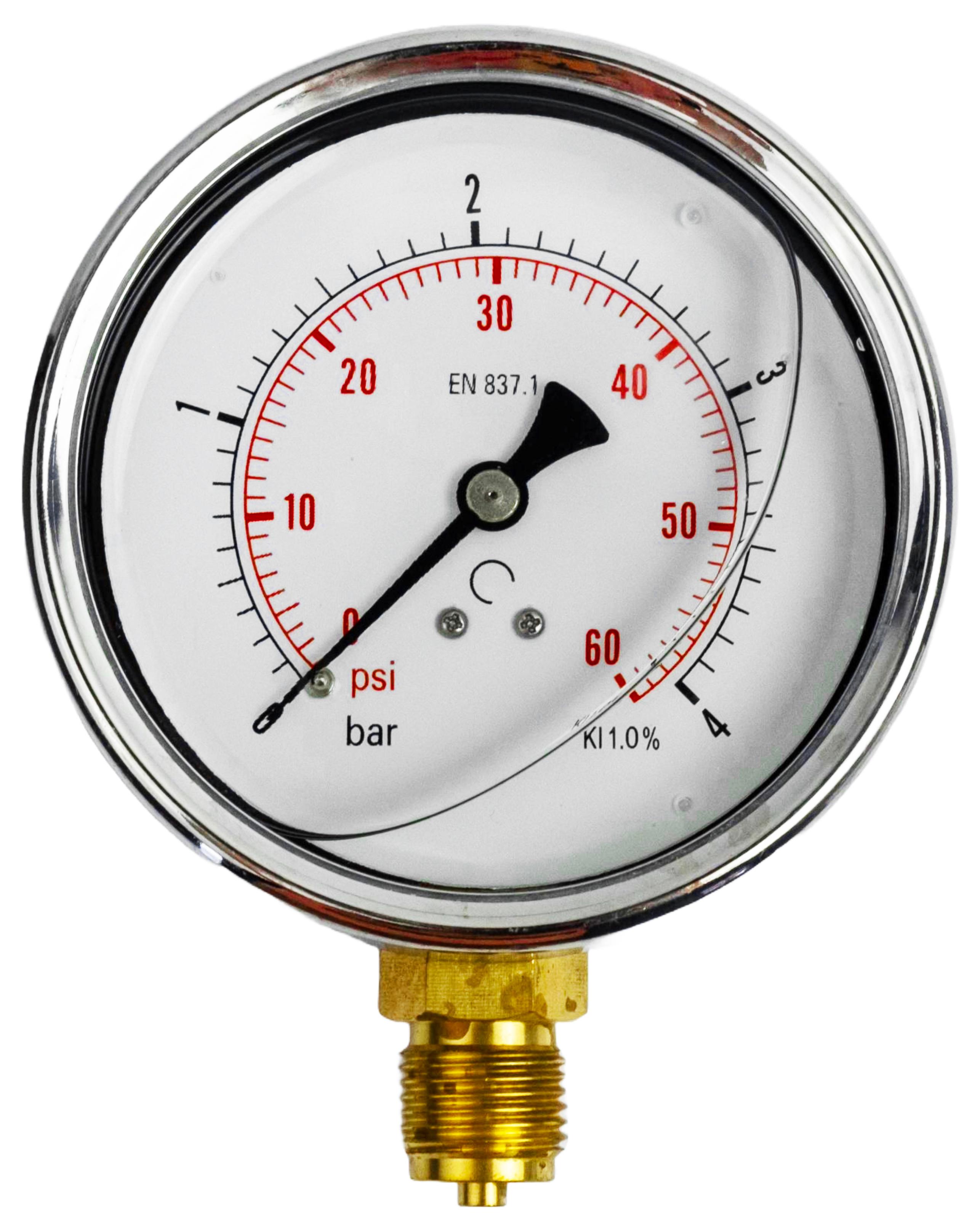 Манометр с глицериновым наполнением подключение радиальное снизу G 1/2" BSPP Ø 100 мм 0-4,0 бар (MI_M100R4MGE)