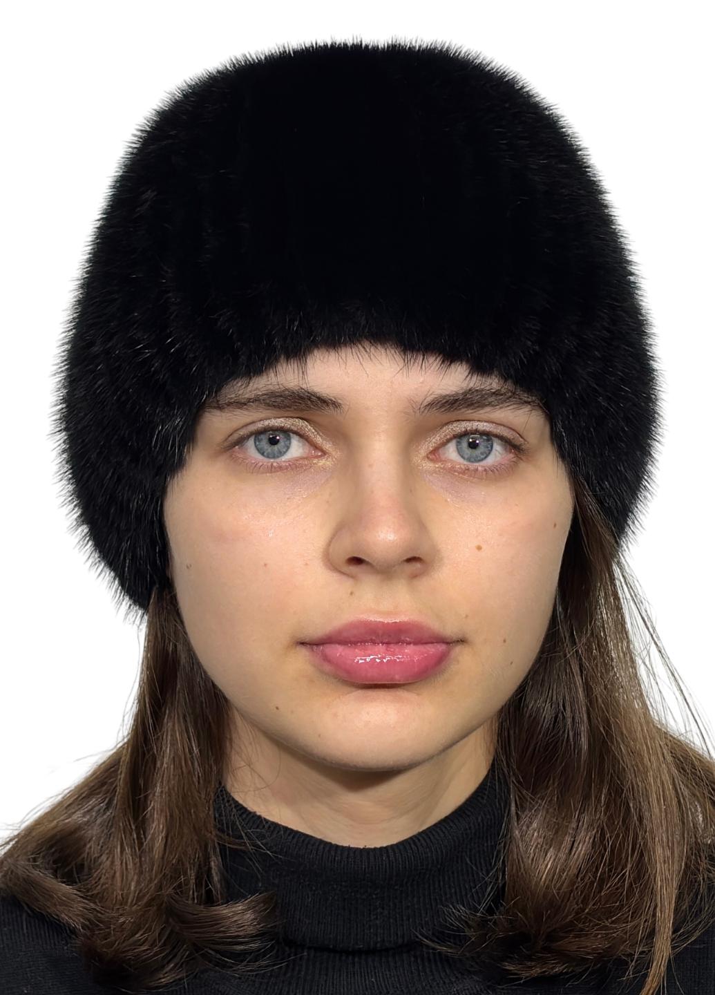 Женская норковая вязаная шапка Меховой стиль Коса натуральный мех M-L Черный (116/N)
