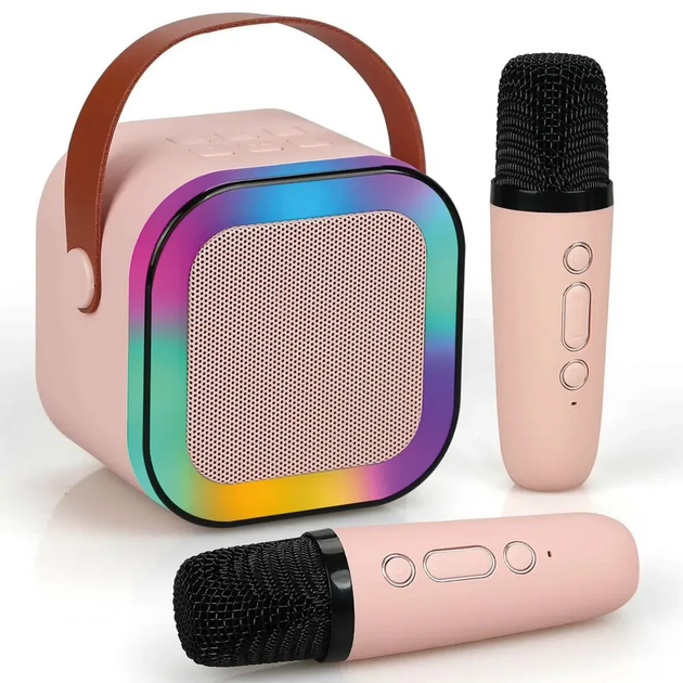 Караокая беспроводная детская K-12 Bluetooth колонка с 2 микрофонами RGB подсветка Розовый (376215)