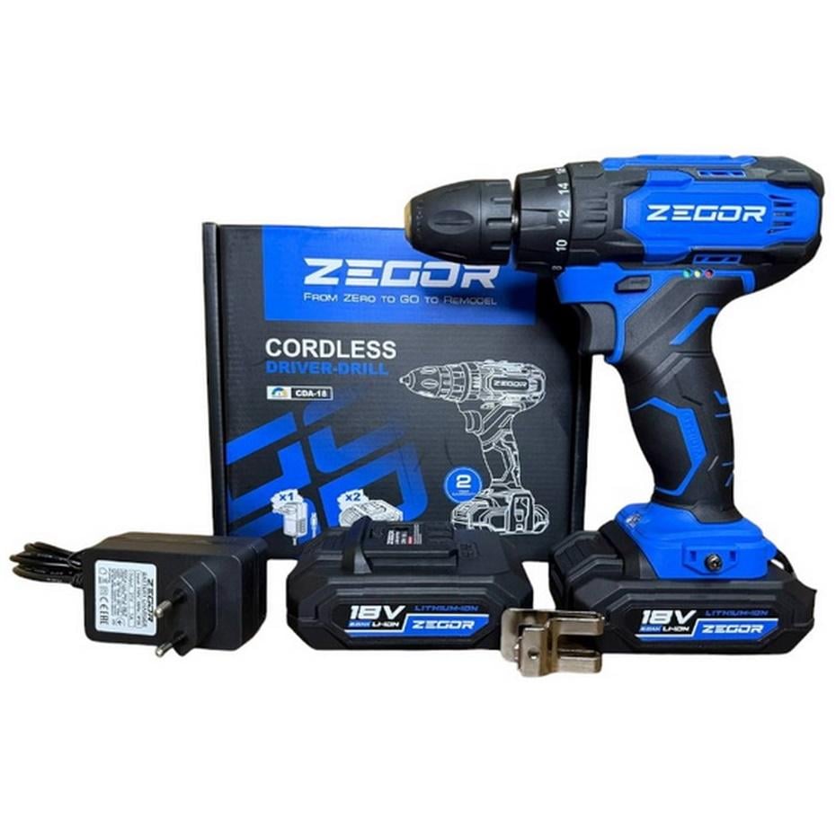 Шуруповерт акумуляторний універсальний Zegor CDA-18/18В/35 Нм/дві швидкості/2 батареї 18 В 2 Ач/Реверс/Підсвічування