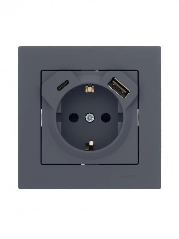 Розетка с заземлением с USB/Type-C Lezard серия Vesna Графит (742-3488-181TC)