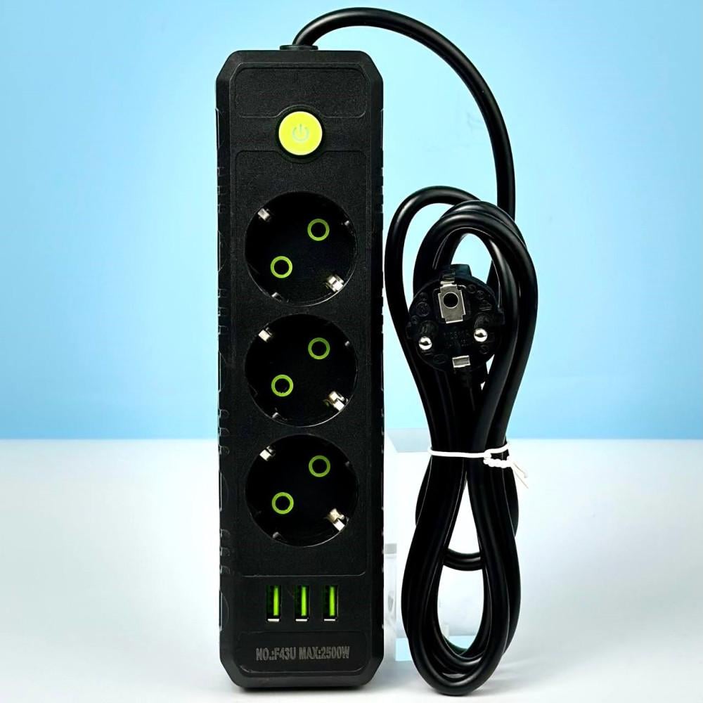 Удлинитель сетевой переноска 6м на 3 розетки з 3USB UA Power F43U Черный (F43U 3r-3usb-6m)