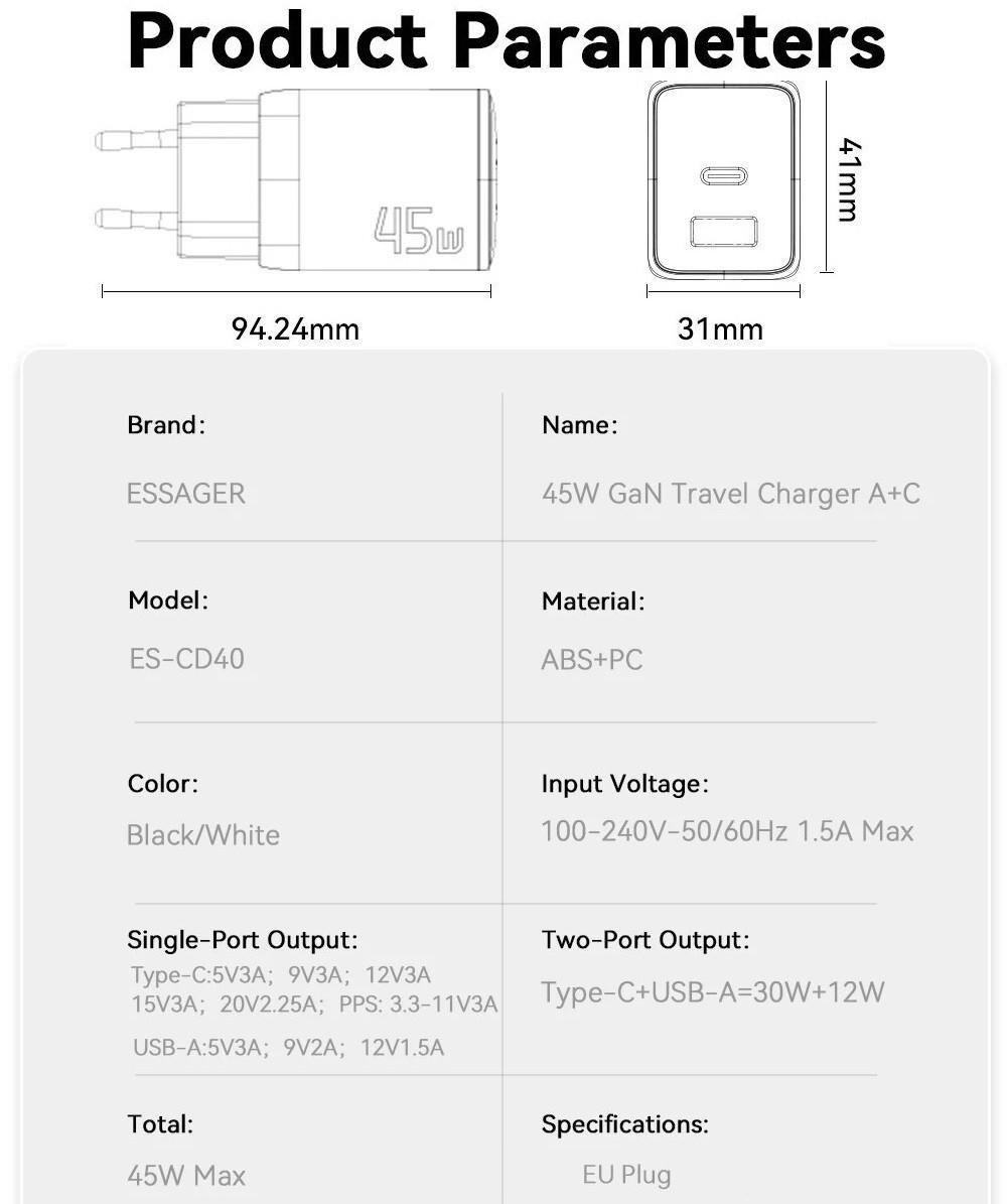 Зарядное устройство сетевое Essager 45W GaN PD USB-C/USB-A (25397397) - фото 9 Зарядное устройство сетевое Essager 45W GaN PD USB-C/USB-A (25397397) - фото 9