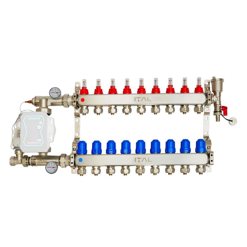 Комплект коллектора с расходомерами ITAL UHW-B09 из нержавеющей стали с угловым подключением (1045503)