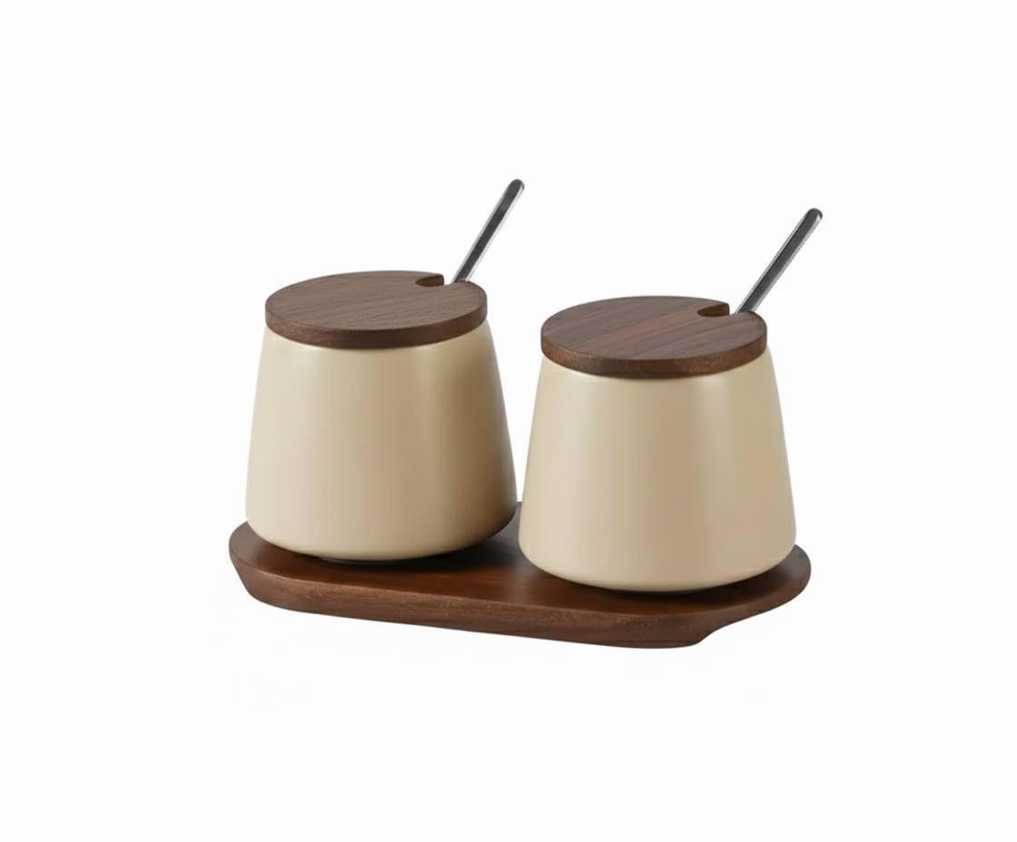 Набір контейнерів для солі/перцю/приправ та спецій з кришками та ложками на деревʼяній підставці 2 шт. Бежевий (31217135)