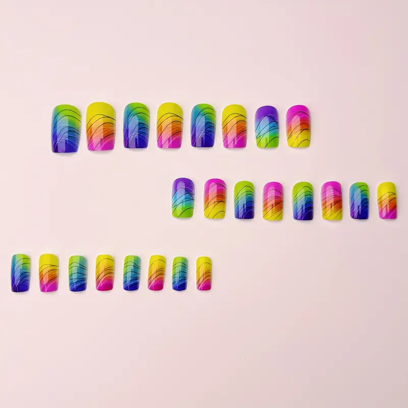 Нігті накладні Веселка квадрат середньої довжини з клейовими стіками 24 шт. Різнокольорові (3000003756) - фото 6