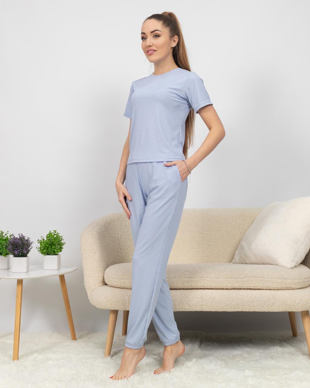 Пижама женская с рубчиком футболка и брюки Голубой (2188007707)