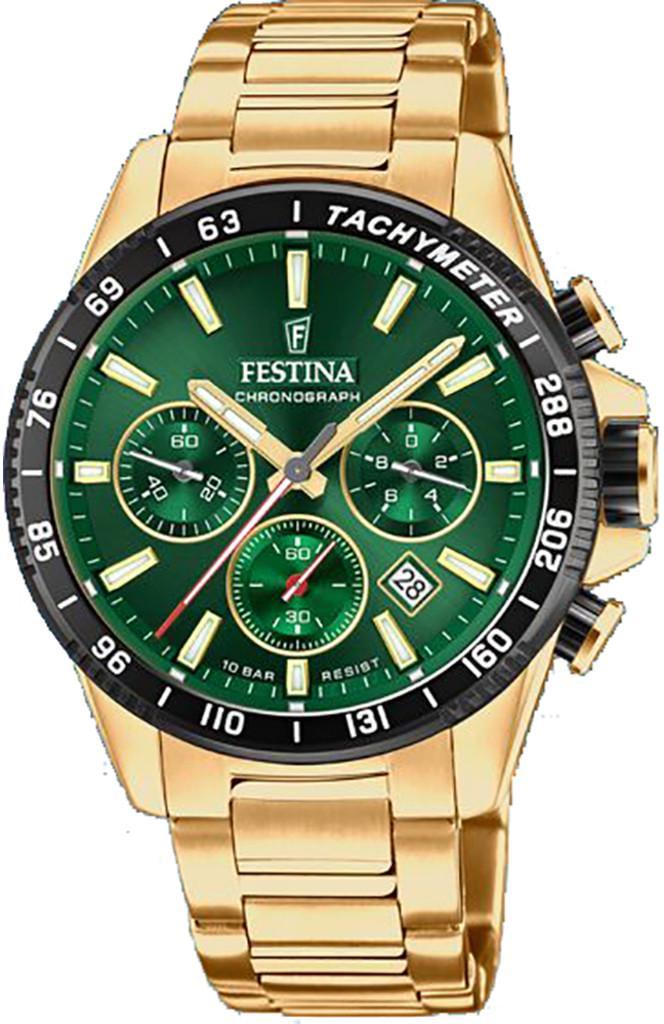 Наручные часы мужские Festina F20634/4 Timeless Chronograph со стальным корпусом WR 100 м и зеленым циферблатом