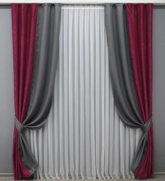 Комплект штор 1,4х2,7 м 2 шт. Бордовый/Серый (014дк/571-288ш)