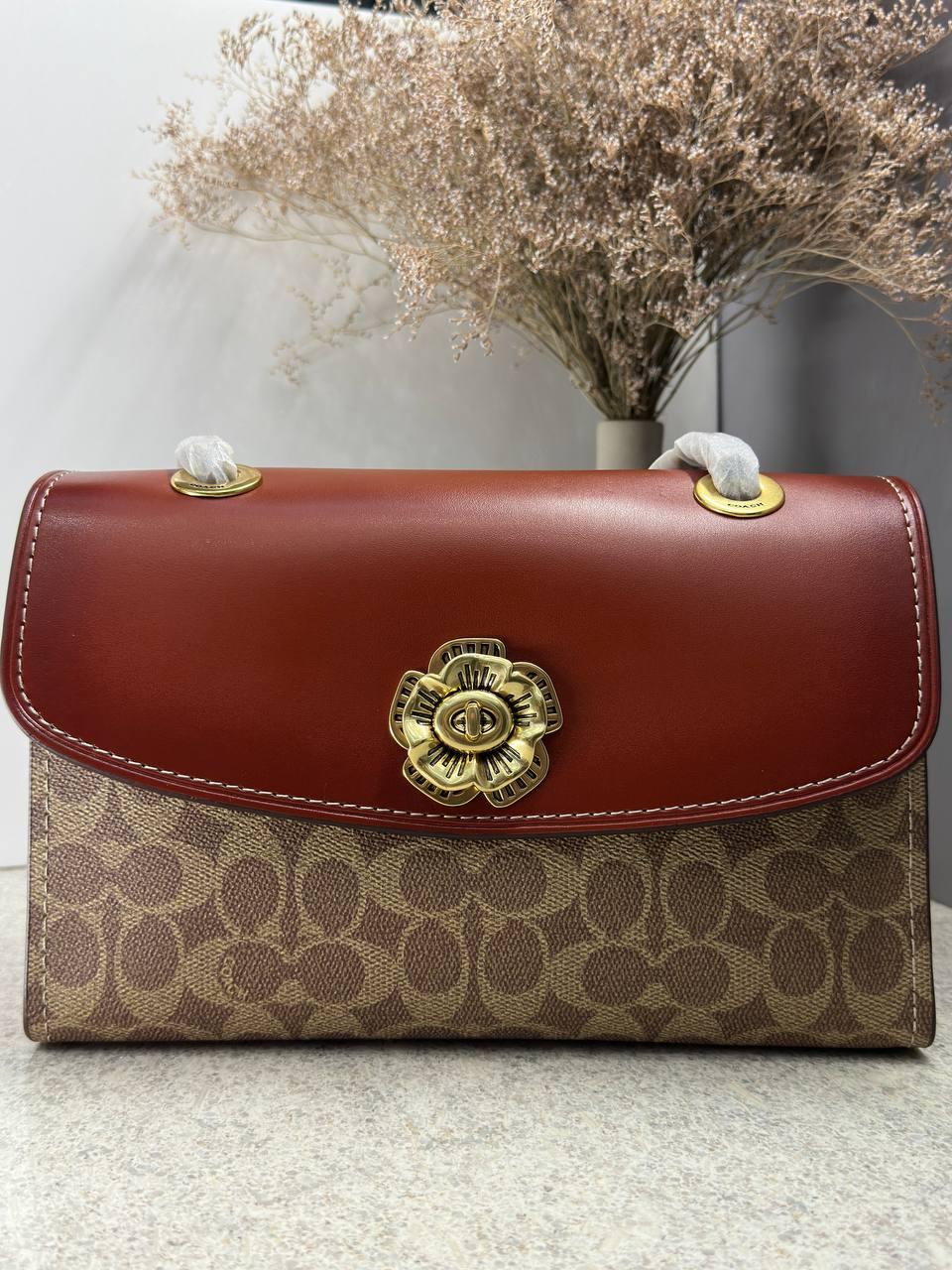 Жіноча сумка шкіряна COACH Camellia Parker 30585 на ланцюжку Коричневий (Force93)